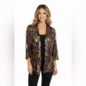 Vintage 80s Metallic Open Front Cover Up Jacket | Abstract Print Statement Layer